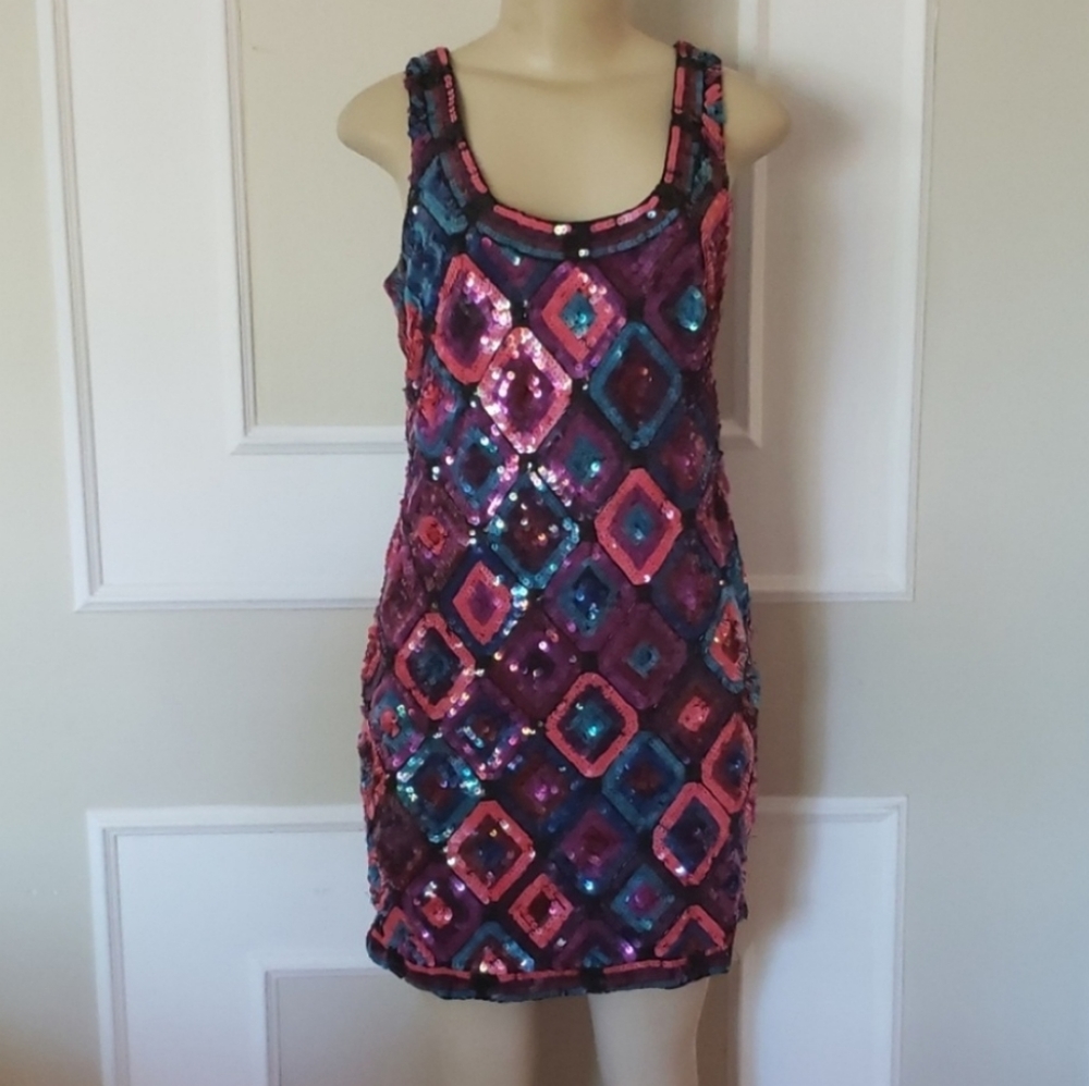 Trina Turk Sequin Mini Dress Retro Disco Purple Pink Blue Geometric cocktail